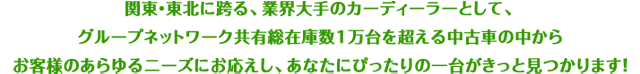 関東・東北に跨る、業界大手のカーディーラーとして、グループネットワーク共有総在庫数1万台を超える中古車の中からお客様のあらゆるニーズにお応えし、あなたにぴったりの一台がきっと見つかります！